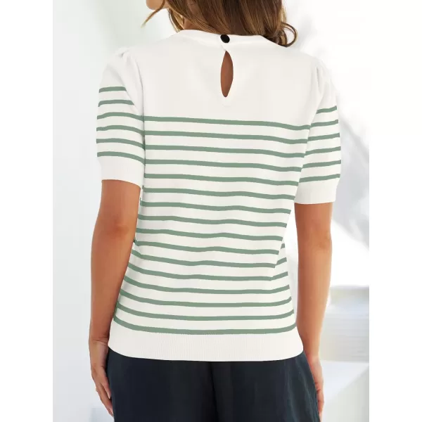 ZESICA Womens Casual Striped Tops Short Sleeve Crew Neck Ribbed Knit T Shirts Comfy Loose Basic Pullover SweaterLight Green