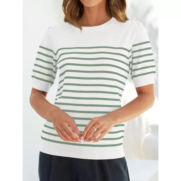 ZESICA Womens Casual Striped Tops Short Sleeve Crew Neck Ribbed Knit T Shirts Comfy Loose Basic Pullover SweaterLight Green