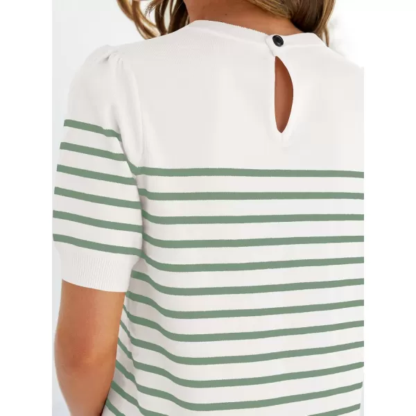 ZESICA Womens Casual Striped Tops Short Sleeve Crew Neck Ribbed Knit T Shirts Comfy Loose Basic Pullover SweaterLight Green
