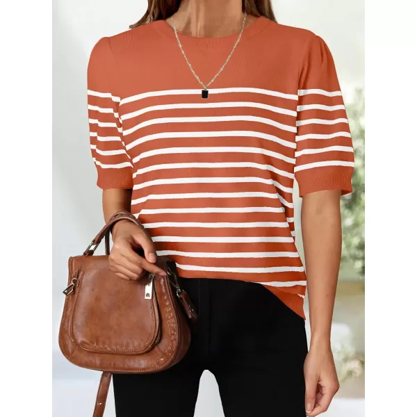 ZESICA Womens Casual Striped Tops Short Sleeve Crew Neck Ribbed Knit T Shirts Comfy Loose Basic Pullover SweaterPeach