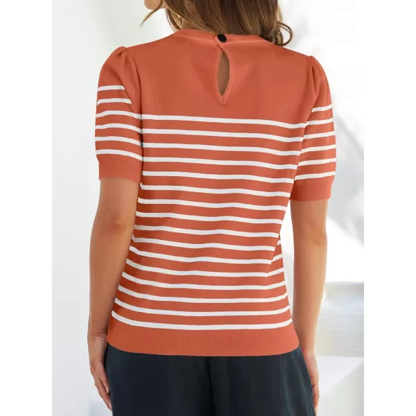 ZESICA Womens Casual Striped Tops Short Sleeve Crew Neck Ribbed Knit T Shirts Comfy Loose Basic Pullover SweaterPeach