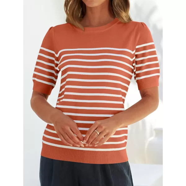 ZESICA Womens Casual Striped Tops Short Sleeve Crew Neck Ribbed Knit T Shirts Comfy Loose Basic Pullover SweaterPeach