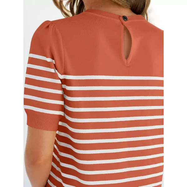 ZESICA Womens Casual Striped Tops Short Sleeve Crew Neck Ribbed Knit T Shirts Comfy Loose Basic Pullover SweaterPeach