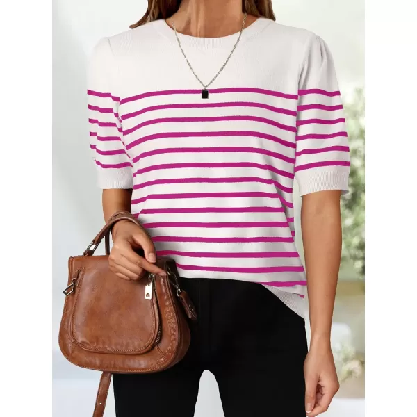ZESICA Womens Casual Striped Tops Short Sleeve Crew Neck Ribbed Knit T Shirts Comfy Loose Basic Pullover SweaterRosered