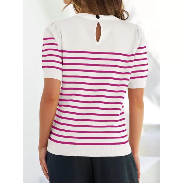 ZESICA Womens Casual Striped Tops Short Sleeve Crew Neck Ribbed Knit T Shirts Comfy Loose Basic Pullover SweaterRosered