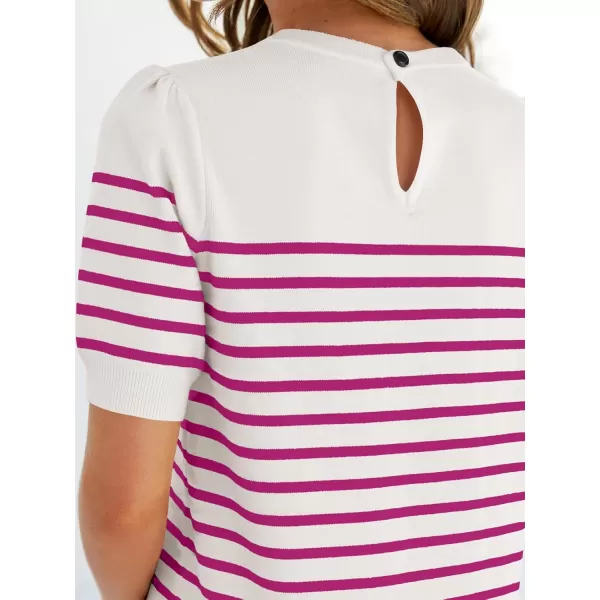 ZESICA Womens Casual Striped Tops Short Sleeve Crew Neck Ribbed Knit T Shirts Comfy Loose Basic Pullover SweaterRosered