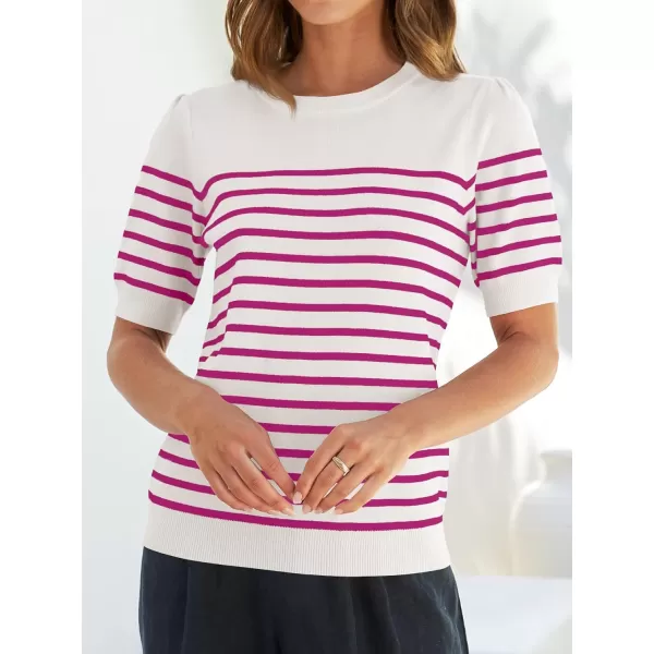 ZESICA Womens Casual Striped Tops Short Sleeve Crew Neck Ribbed Knit T Shirts Comfy Loose Basic Pullover SweaterRosered
