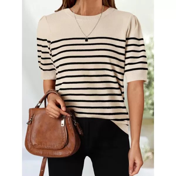 ZESICA Womens Casual Striped Tops Short Sleeve Crew Neck Ribbed Knit T Shirts Comfy Loose Basic Pullover SweaterSand