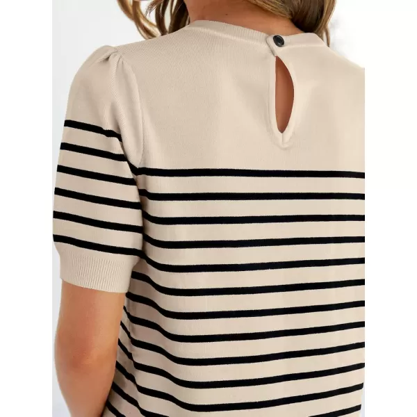 ZESICA Womens Casual Striped Tops Short Sleeve Crew Neck Ribbed Knit T Shirts Comfy Loose Basic Pullover SweaterSand