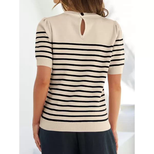 ZESICA Womens Casual Striped Tops Short Sleeve Crew Neck Ribbed Knit T Shirts Comfy Loose Basic Pullover SweaterSand