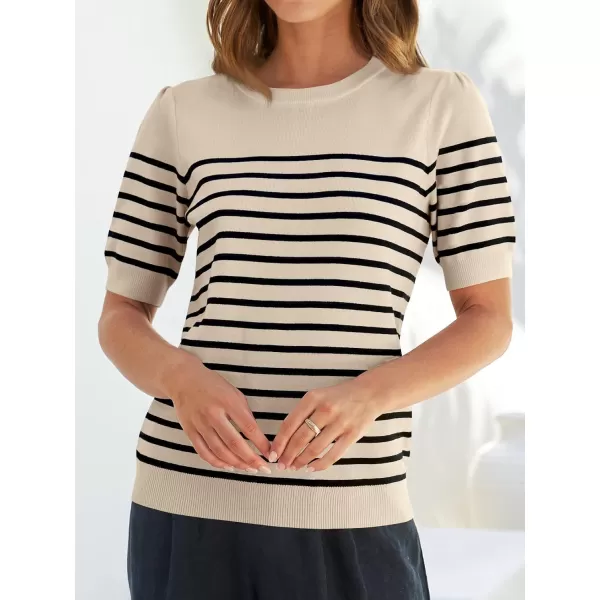 ZESICA Womens Casual Striped Tops Short Sleeve Crew Neck Ribbed Knit T Shirts Comfy Loose Basic Pullover SweaterSand