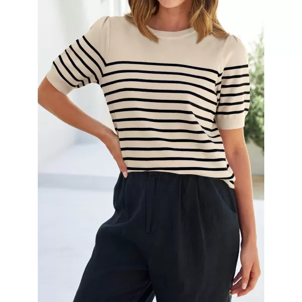 ZESICA Womens Casual Striped Tops Short Sleeve Crew Neck Ribbed Knit T Shirts Comfy Loose Basic Pullover SweaterSand