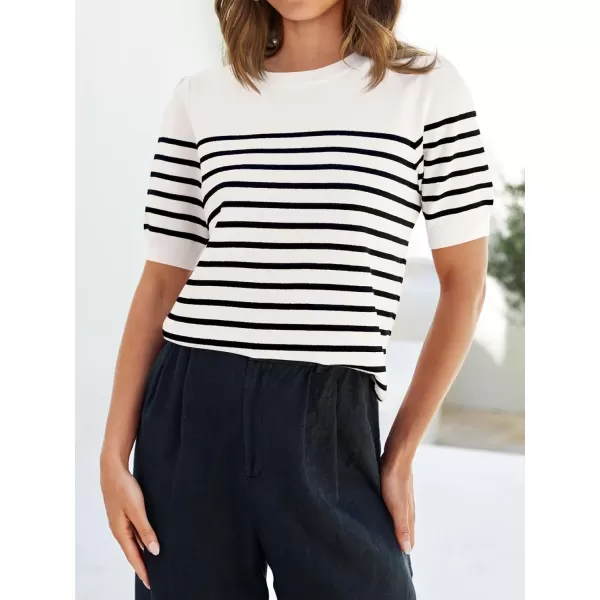 ZESICA Womens Casual Striped Tops Short Sleeve Crew Neck Ribbed Knit T Shirts Comfy Loose Basic Pullover SweaterWhite