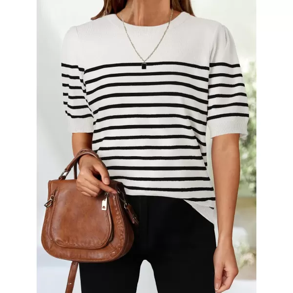 ZESICA Womens Casual Striped Tops Short Sleeve Crew Neck Ribbed Knit T Shirts Comfy Loose Basic Pullover SweaterWhite