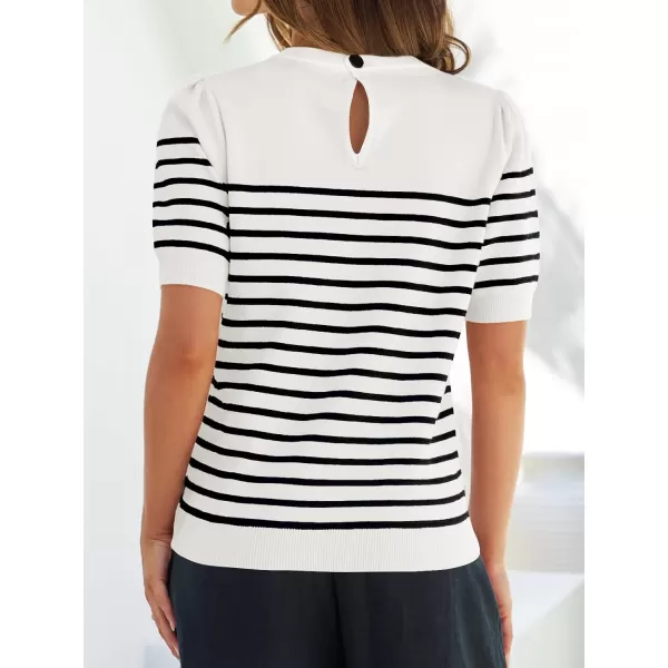 ZESICA Womens Casual Striped Tops Short Sleeve Crew Neck Ribbed Knit T Shirts Comfy Loose Basic Pullover SweaterWhite