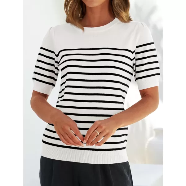 ZESICA Womens Casual Striped Tops Short Sleeve Crew Neck Ribbed Knit T Shirts Comfy Loose Basic Pullover SweaterWhite