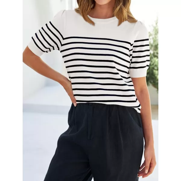 ZESICA Womens Casual Striped Tops Short Sleeve Crew Neck Ribbed Knit T Shirts Comfy Loose Basic Pullover SweaterWhite