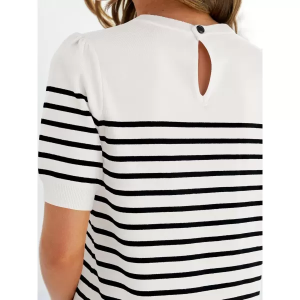 ZESICA Womens Casual Striped Tops Short Sleeve Crew Neck Ribbed Knit T Shirts Comfy Loose Basic Pullover SweaterWhite