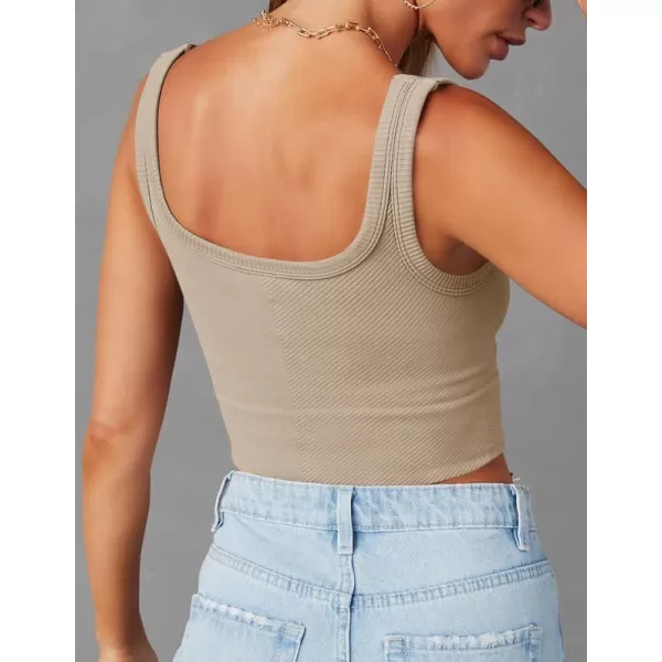 ZESICA Womens Crop Tank Tops Ribbed Square Neck Basic Workout Yoga Tops Summer Sleeveless ShirtsAlmond