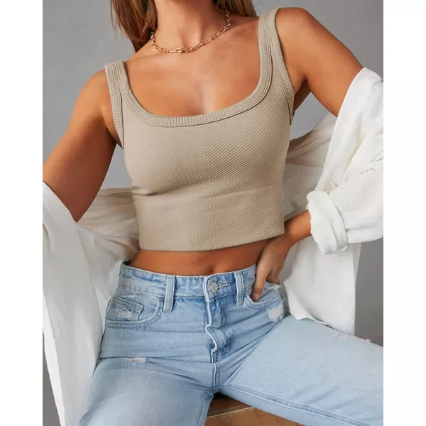 ZESICA Womens Crop Tank Tops Ribbed Square Neck Basic Workout Yoga Tops Summer Sleeveless ShirtsAlmond