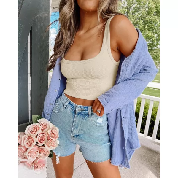 ZESICA Womens Crop Tank Tops Ribbed Square Neck Basic Workout Yoga Tops Summer Sleeveless ShirtsBeige