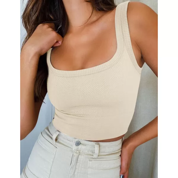 ZESICA Womens Crop Tank Tops Ribbed Square Neck Basic Workout Yoga Tops Summer Sleeveless ShirtsBeige