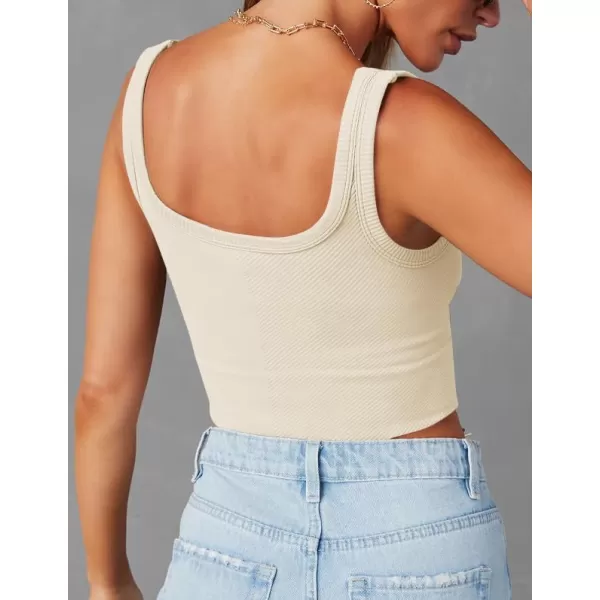 ZESICA Womens Crop Tank Tops Ribbed Square Neck Basic Workout Yoga Tops Summer Sleeveless ShirtsBeige