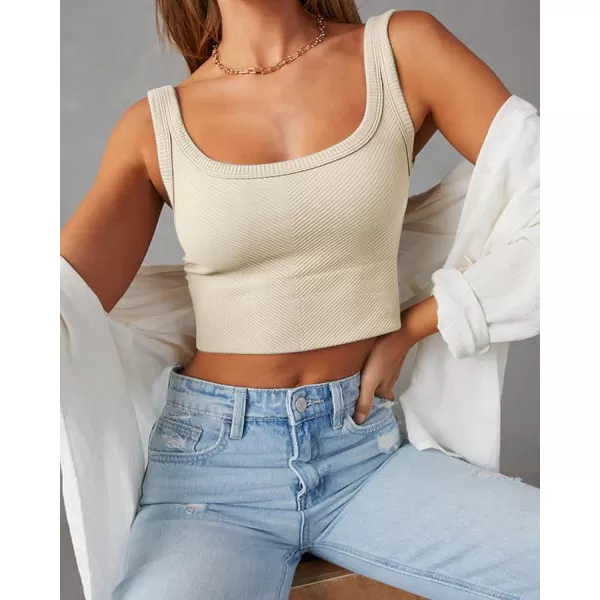 ZESICA Womens Crop Tank Tops Ribbed Square Neck Basic Workout Yoga Tops Summer Sleeveless ShirtsBeige