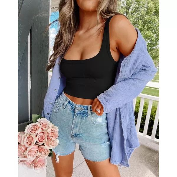 ZESICA Womens Crop Tank Tops Ribbed Square Neck Basic Workout Yoga Tops Summer Sleeveless ShirtsBlack