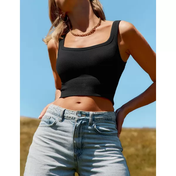 ZESICA Womens Crop Tank Tops Ribbed Square Neck Basic Workout Yoga Tops Summer Sleeveless ShirtsBlack