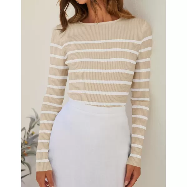 ZESICA Womens Long Sleeve Crewneck Striped Shirts 2024 Fall Ribbed Knit Sweater Slim Fitted Casual Basic Tee TopsApricot