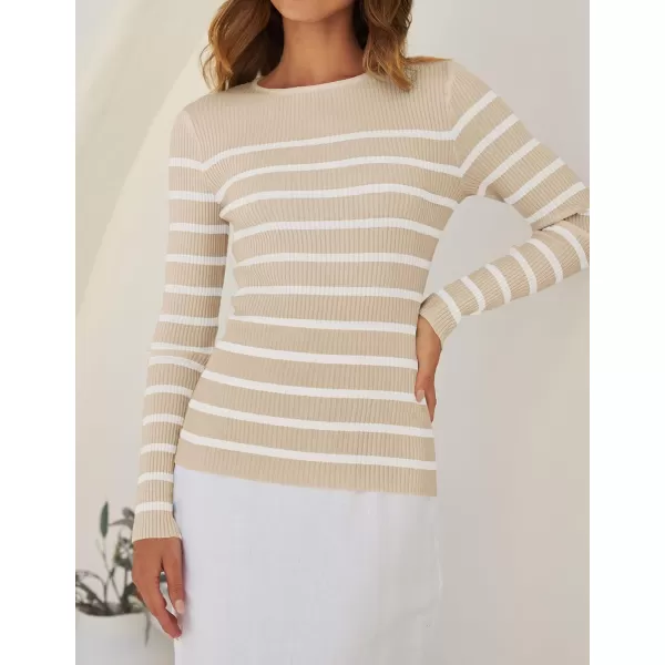 ZESICA Womens Long Sleeve Crewneck Striped Shirts 2024 Fall Ribbed Knit Sweater Slim Fitted Casual Basic Tee TopsApricot