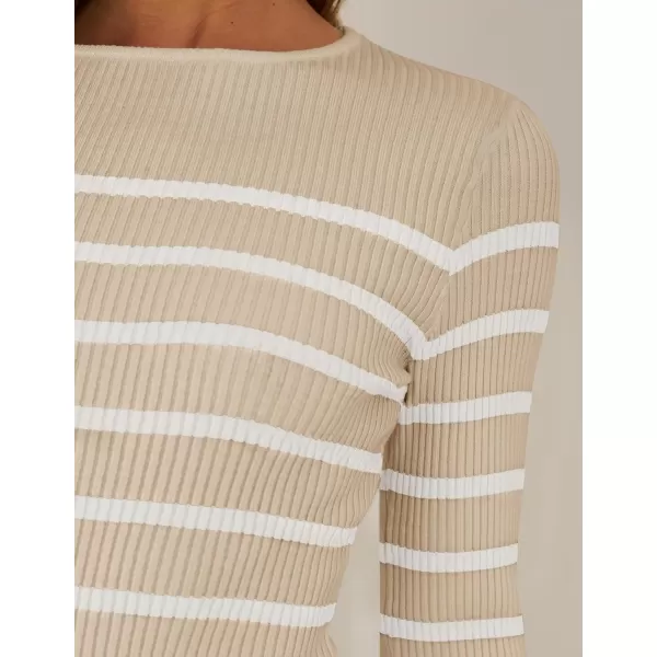 ZESICA Womens Long Sleeve Crewneck Striped Shirts 2024 Fall Ribbed Knit Sweater Slim Fitted Casual Basic Tee TopsApricot
