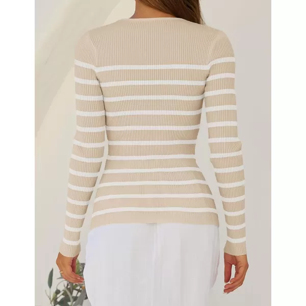 ZESICA Womens Long Sleeve Crewneck Striped Shirts 2024 Fall Ribbed Knit Sweater Slim Fitted Casual Basic Tee TopsApricot