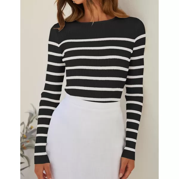 ZESICA Womens Long Sleeve Crewneck Striped Shirts 2024 Fall Ribbed Knit Sweater Slim Fitted Casual Basic Tee TopsBlack