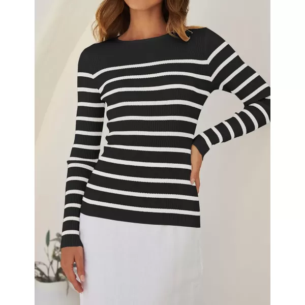 ZESICA Womens Long Sleeve Crewneck Striped Shirts 2024 Fall Ribbed Knit Sweater Slim Fitted Casual Basic Tee TopsBlack