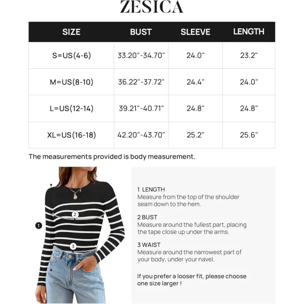 ZESICA Womens Long Sleeve Crewneck Striped Shirts 2024 Fall Ribbed Knit Sweater Slim Fitted Casual Basic Tee TopsBlack