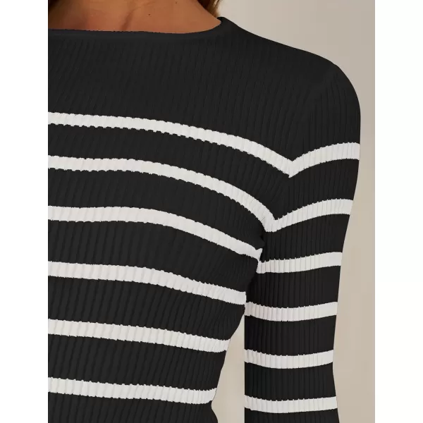 ZESICA Womens Long Sleeve Crewneck Striped Shirts 2024 Fall Ribbed Knit Sweater Slim Fitted Casual Basic Tee TopsBlack