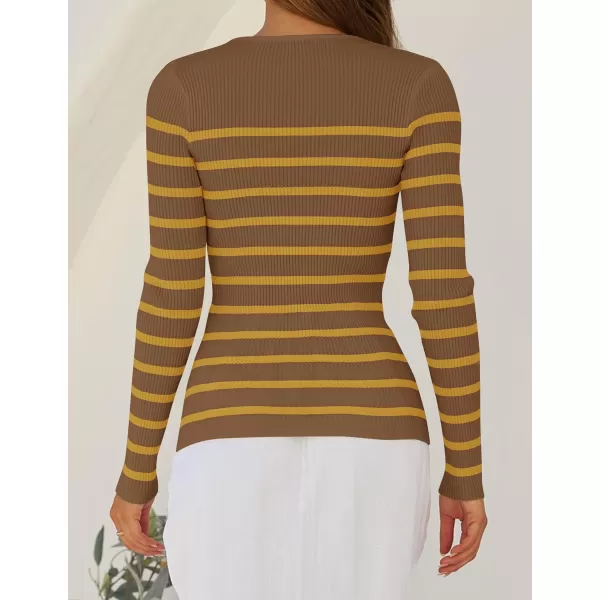 ZESICA Womens Long Sleeve Crewneck Striped Shirts 2024 Fall Ribbed Knit Sweater Slim Fitted Casual Basic Tee TopsBrown