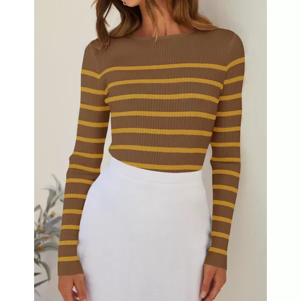 ZESICA Womens Long Sleeve Crewneck Striped Shirts 2024 Fall Ribbed Knit Sweater Slim Fitted Casual Basic Tee TopsBrown