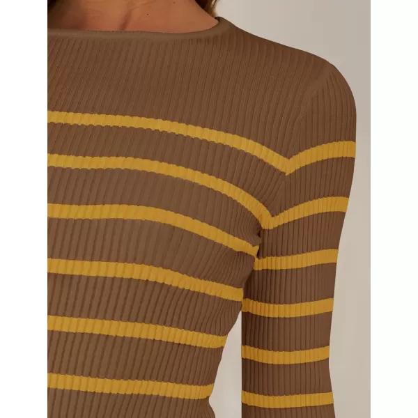ZESICA Womens Long Sleeve Crewneck Striped Shirts 2024 Fall Ribbed Knit Sweater Slim Fitted Casual Basic Tee TopsBrown