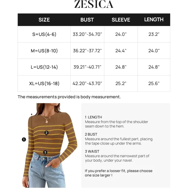 ZESICA Womens Long Sleeve Crewneck Striped Shirts 2024 Fall Ribbed Knit Sweater Slim Fitted Casual Basic Tee TopsBrown