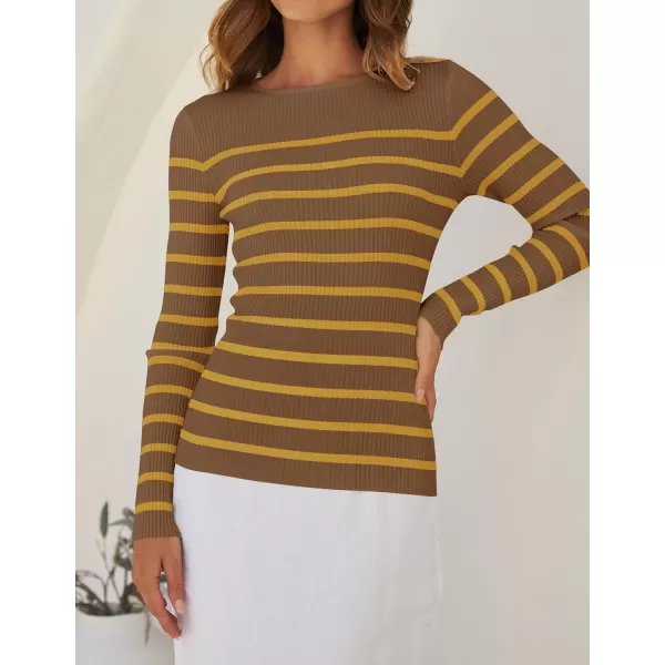 ZESICA Womens Long Sleeve Crewneck Striped Shirts 2024 Fall Ribbed Knit Sweater Slim Fitted Casual Basic Tee TopsBrown