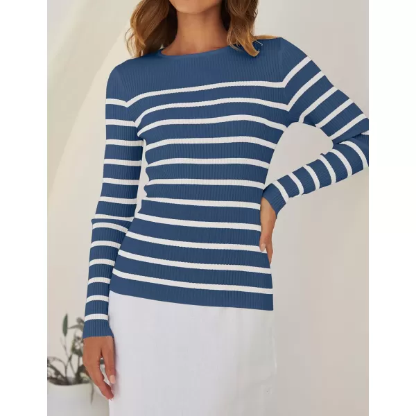 ZESICA Womens Long Sleeve Crewneck Striped Shirts 2024 Fall Ribbed Knit Sweater Slim Fitted Casual Basic Tee TopsDarkblue