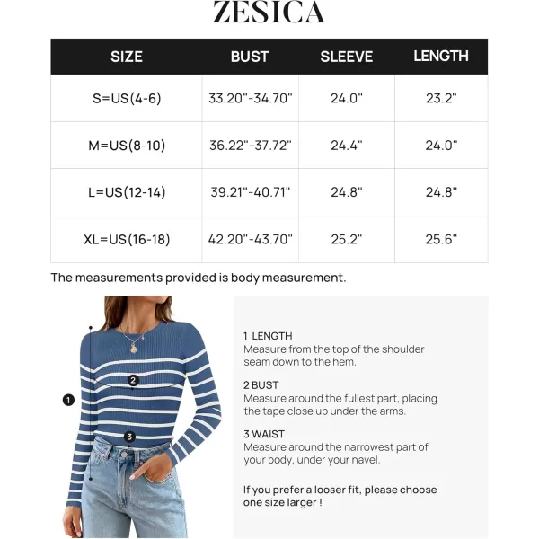 ZESICA Womens Long Sleeve Crewneck Striped Shirts 2024 Fall Ribbed Knit Sweater Slim Fitted Casual Basic Tee TopsDarkblue