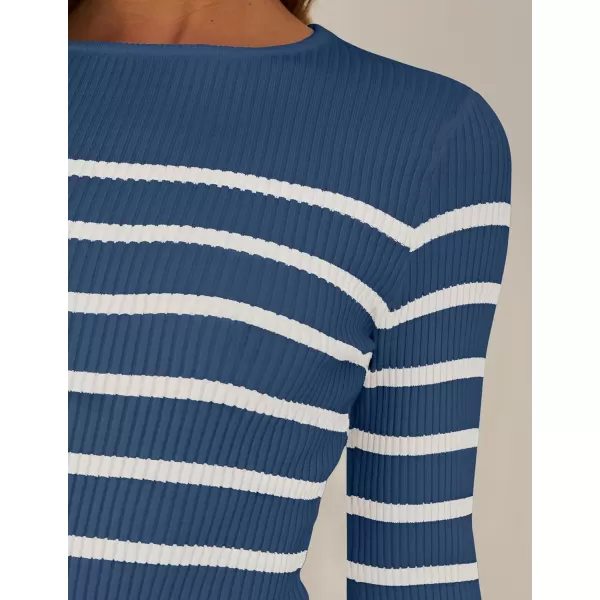 ZESICA Womens Long Sleeve Crewneck Striped Shirts 2024 Fall Ribbed Knit Sweater Slim Fitted Casual Basic Tee TopsDarkblue