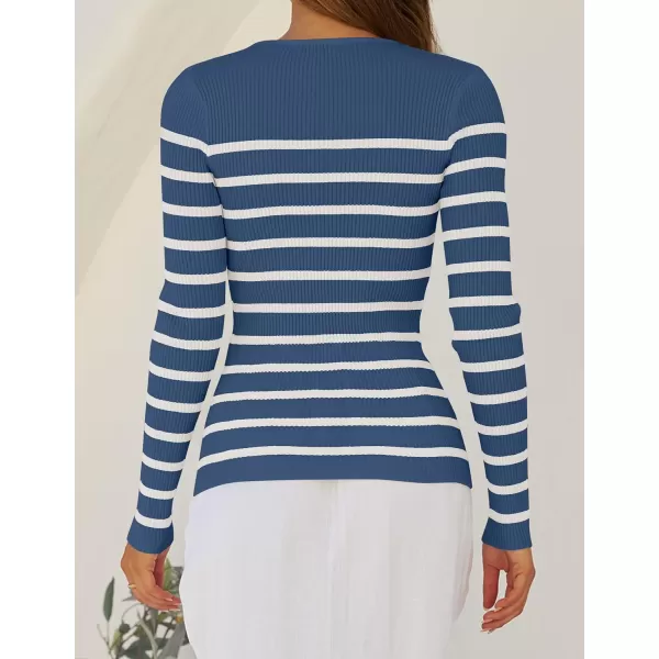 ZESICA Womens Long Sleeve Crewneck Striped Shirts 2024 Fall Ribbed Knit Sweater Slim Fitted Casual Basic Tee TopsDarkblue