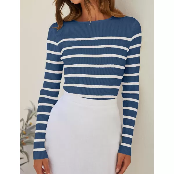 ZESICA Womens Long Sleeve Crewneck Striped Shirts 2024 Fall Ribbed Knit Sweater Slim Fitted Casual Basic Tee TopsDarkblue
