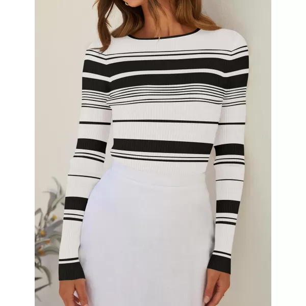 ZESICA Womens Long Sleeve Crewneck Striped Shirts 2024 Fall Ribbed Knit Sweater Slim Fitted Casual Basic Tee TopsIvory