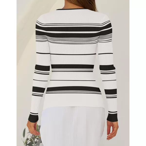 ZESICA Womens Long Sleeve Crewneck Striped Shirts 2024 Fall Ribbed Knit Sweater Slim Fitted Casual Basic Tee TopsIvory